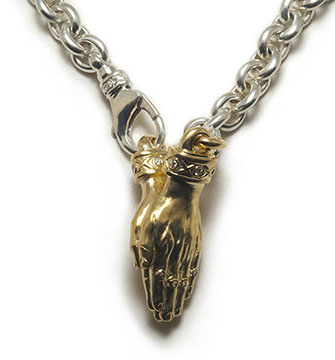 The Namaste with Tristan and Isolde Cuff 750 Yellow Gold with VS Diamonds.  Brage 925 Sterling Silver chain with Tristan and Isolde Clasp